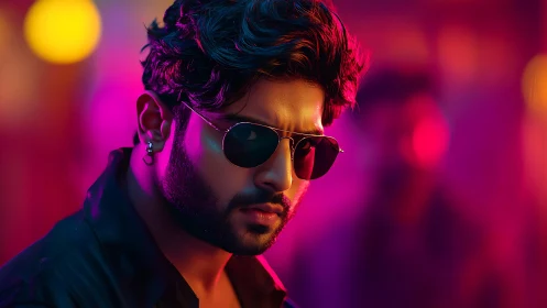 Neon-bathed portrait with cinematic shallow-depth optics.