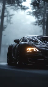 Midnight supercar prowls through mist-veiled forest road.