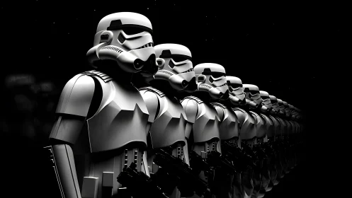 Monochrome stormtrooper formation rendered in dramatic 3D lighting