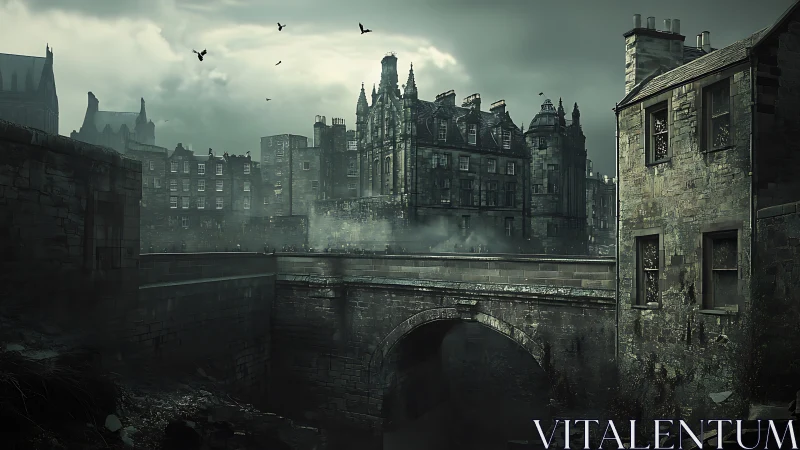 Dense historic urban bridge scene is rendered in muted tones
