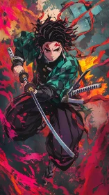 Volumetric sword charge through chromatic flame vortex.