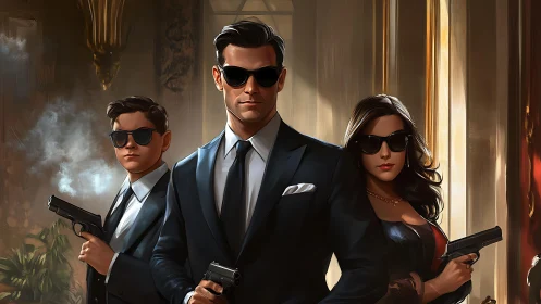 Three armed agents in suits stand in a dimly lit interior