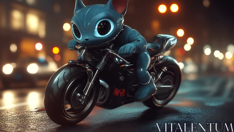 Cartoon cat-like rider on sport motorcycle at night street.