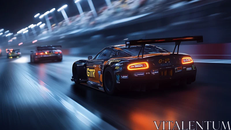 GT race car accelerates through wet neon night circuit