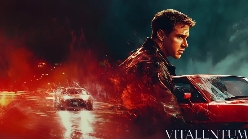 Brooding driver stands by red car in neon-soaked night storm