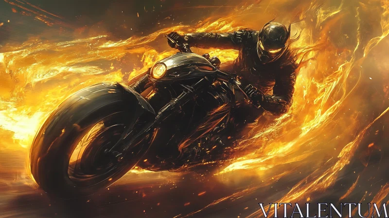 Motorcycle rider in armored suit carving through streaming fire