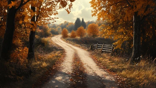 Autumn Landscape with Dual-Track Dirt Road Converging Toward Distant Forest Under Warm Deciduous Can