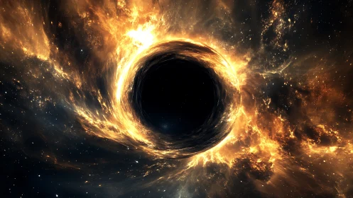 Fiery cosmic black hole swirls with glowing golden starlight