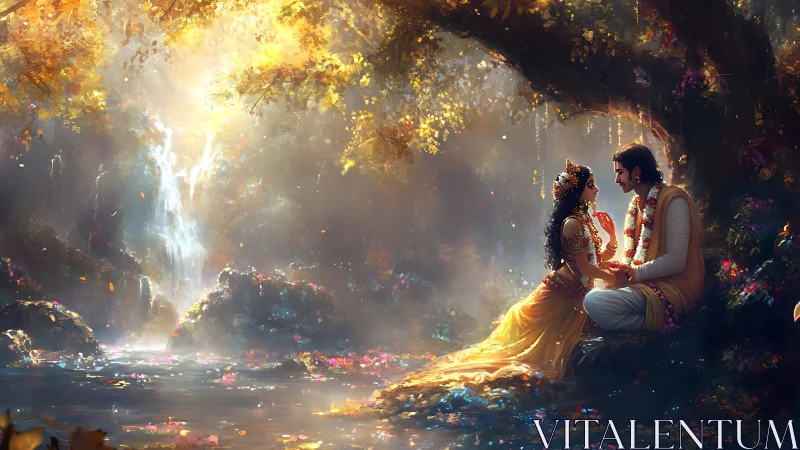 Golden forest sanctuary with lovers beside luminous stream.