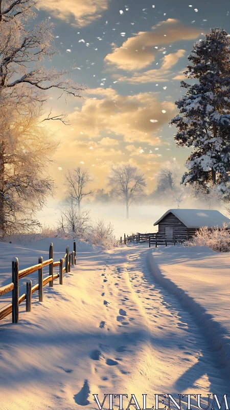 Snowlit country lane drifting into a golden winter hush.
