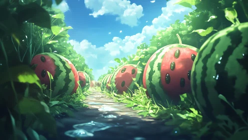 Sunlit watermelon path rolls gently through a lush garden