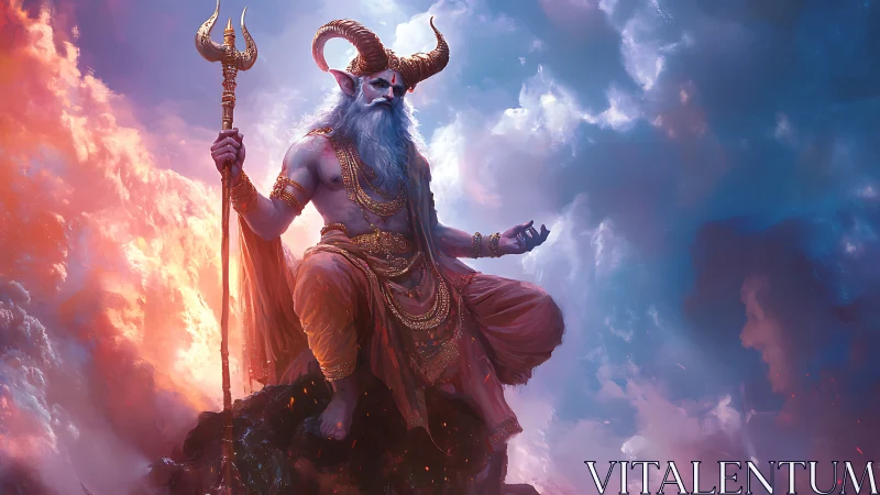 Horned sky deity meditates over fiery and celestial clouds