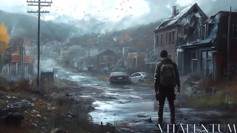 Lone survivor surveys ruined street in misty post apocalyptic town
