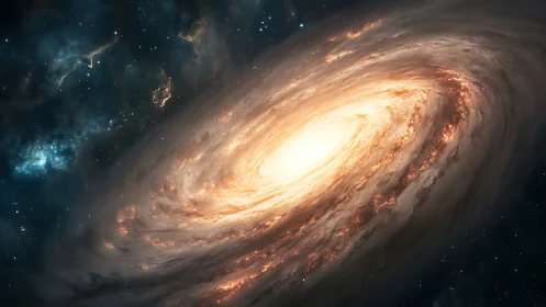 Spiral galaxy core glows with dense golden starfields.