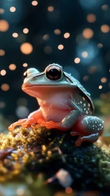 Macro bokeh profile of luminous tree frog on mossy substrate.