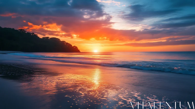 Coastal horizon sunset with reflected orange cyan gradient light