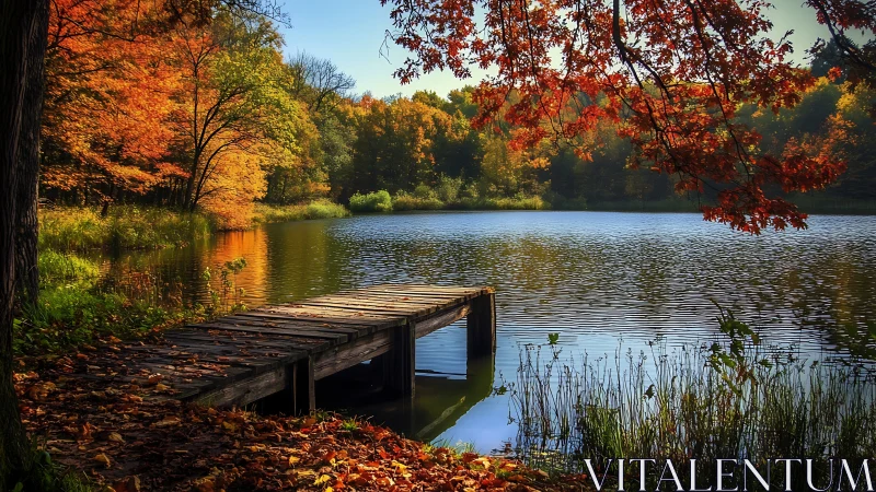 Old wooden pier beside calm autumn lake at golden hour.