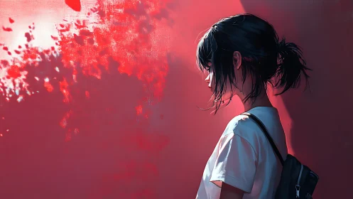 Side-lit girl against textured red wall in high-contrast profile