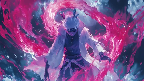 Stormborn ninja strides through raging crimson chakra tide.