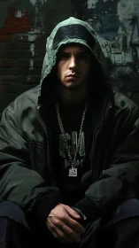 Brooding hooded man in urban alleyway portrait lighting.