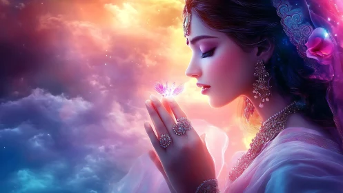 Starlit princess cradles a glowing butterfly of dawn.