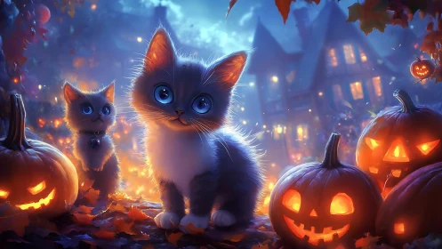Halloween Cats Among Jack-o-Lanterns at Dusk.