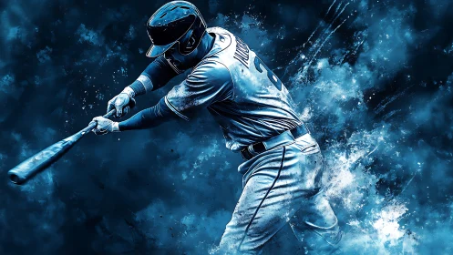 Kinetic digital painting of baseball batter mid-swing impact.