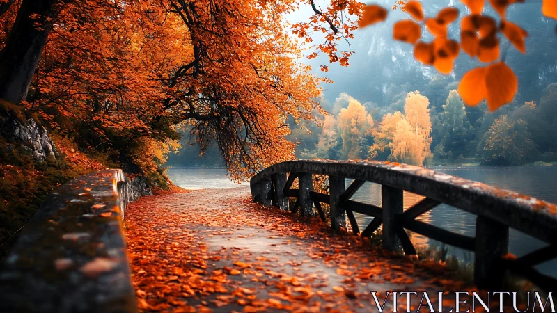 Golden autumn bridge beside a quiet misty lakeshore.