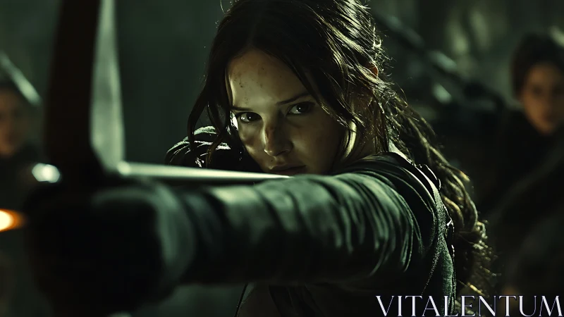 Determined female archer draws bow at close range with cinematic depth