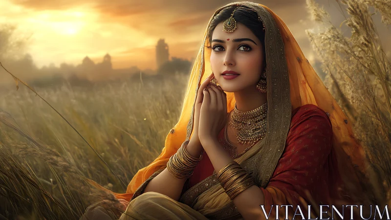 Sunlit Indian portrait shows ornate jewelry, textiles and bokeh field