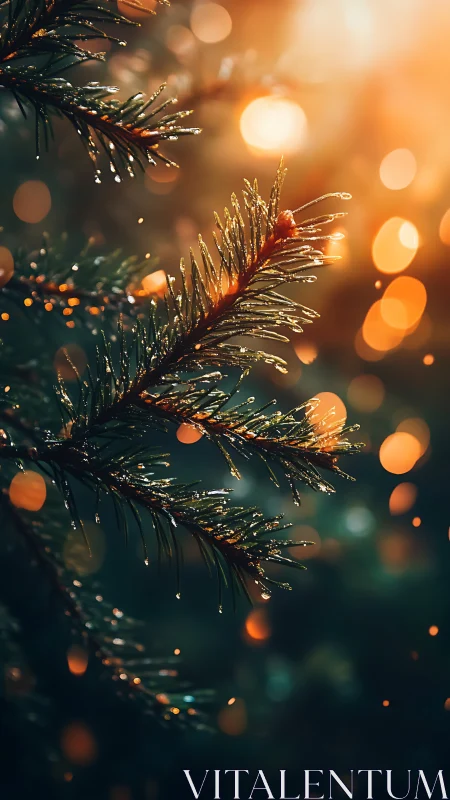 Golden evening light gently kisses a dewy pine branch