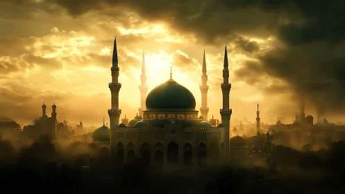 Golden sunrise bathes a majestic mosque in calm light