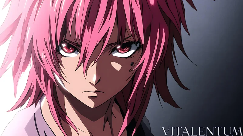 Intense pink haired anime warrior rendered with hard cel shading