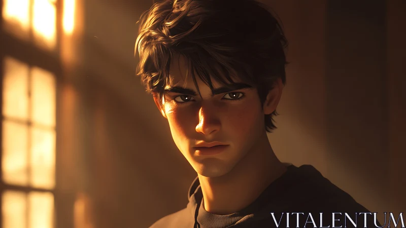 Golden evening light gently frames a thoughtful young hero