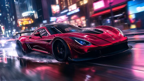 Red supercar racing through neon city streets at night.