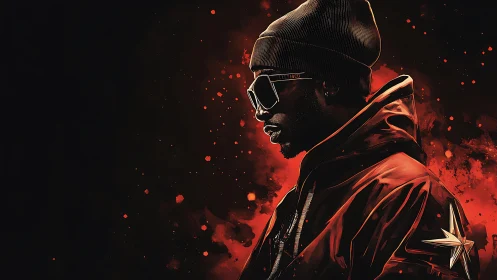 Side-profile hip-hop portrait with red splatter background glow