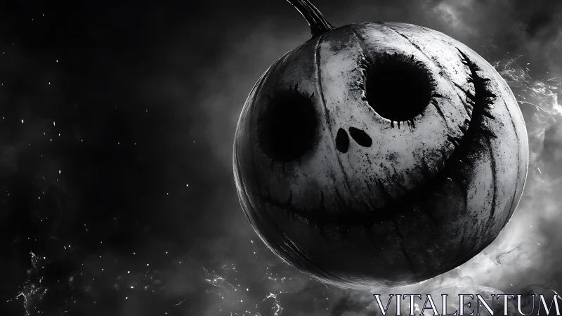 Monochrome grinning pumpkin sphere rendered in dramatic chiaroscuro