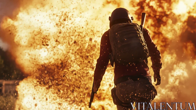 Soldier in tactical gear standing against massive fiery explosions and debris clouds.