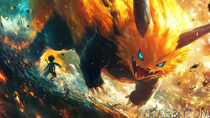 Giant flaming beast charges lone warrior across burning ground