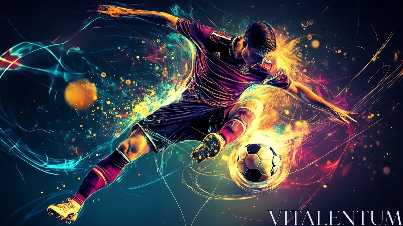 Electric soccer kick wrapped in swirling neon energy.