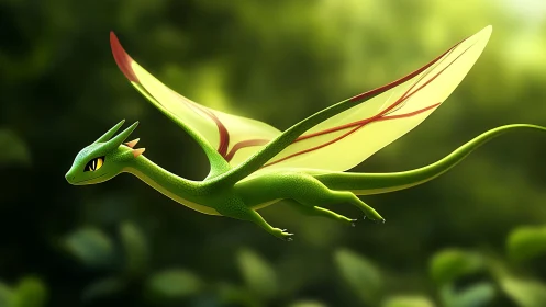 Green winged dragon creature gliding over blurred foliage.
