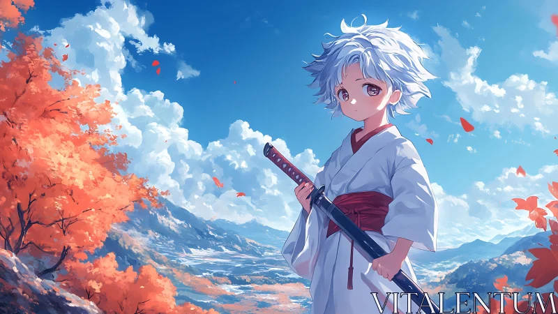 Gentle sword bearer in a breezy autumn mountain daydream.