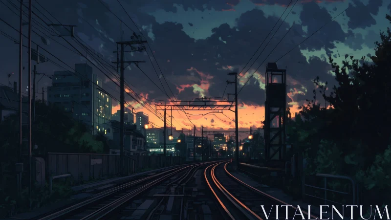 City twilight over quiet railway tracks glowing softly.