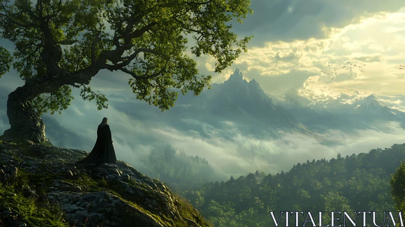 Lone wanderer drinks in misty kingdoms beneath sunrise peaks