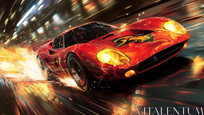 Blazing red sports car exploding through neon city streets.