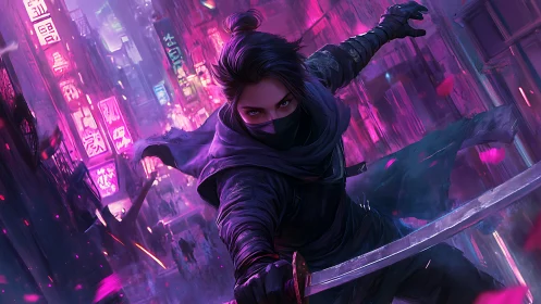 Neon alleyway shadow ninja slicing through electric dusk.