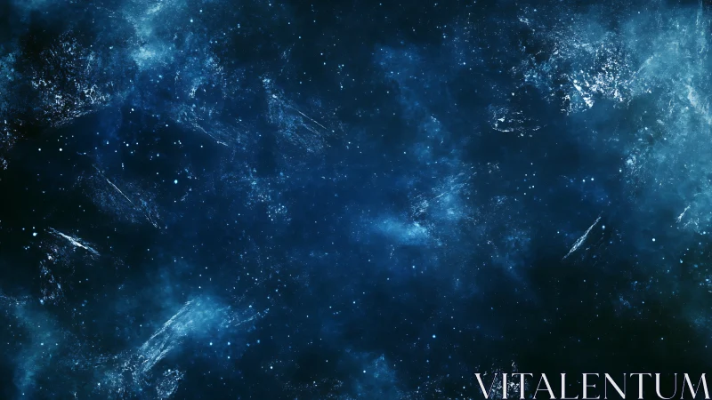 Deep blue cosmic nebula drifts through a starry void.