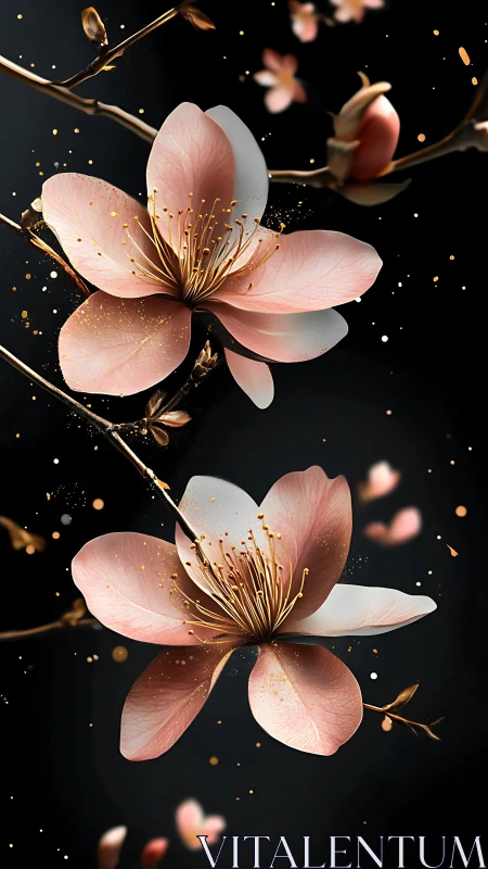 Ethereal Pink Blossoms on Golden Branches Against Dark Background.