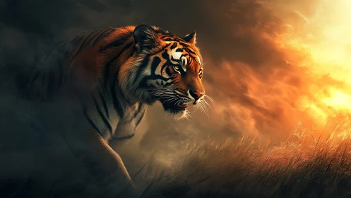 Tiger advancing through mist toward backlit horizon at dusk.