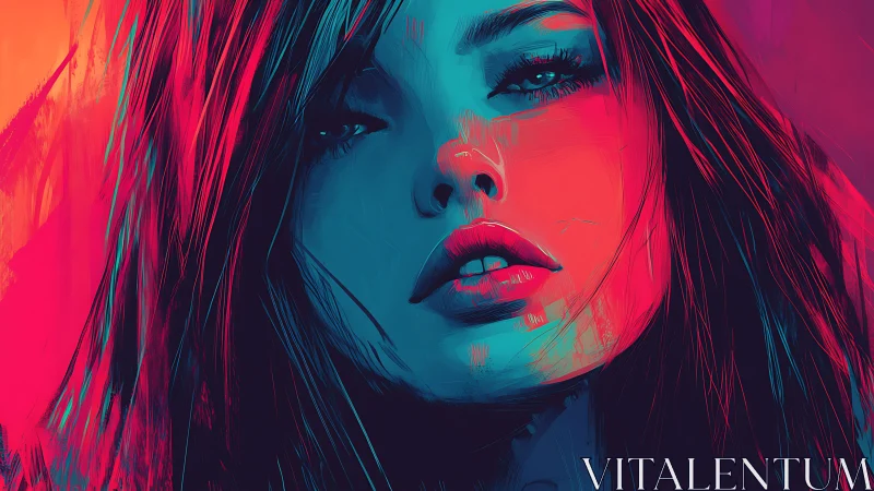 Neon-lit female portrait in bold cyan and magenta strokes.